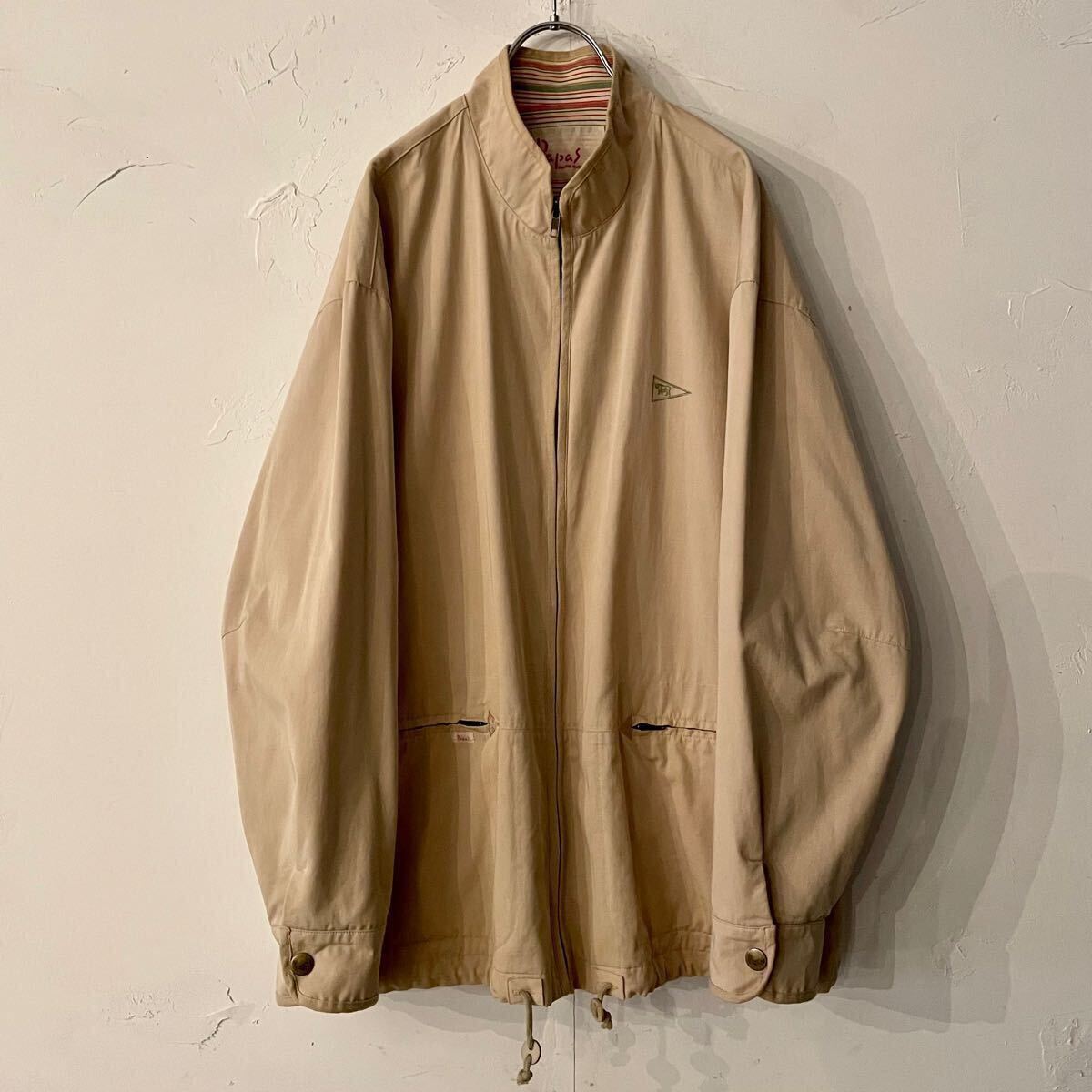 Papas スタンドカラー ワークジャケット ジップアップオーバーサイズ ロングジャンパー ベージュ 裏地ストライプ柄 パパス 日本製 古着 5拍卖
