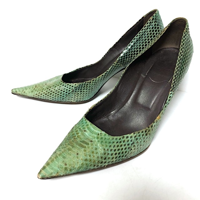 二点落札で送料無料! 2A42 Roger Vivier ロジェヴィヴィエ ポインテッドトゥ ハイヒール パンプス 6.5(24cm位)パイソン グリーン系拍卖