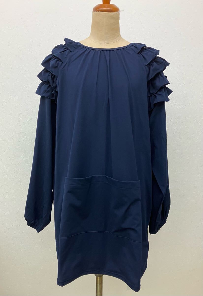 おしゃれ割烹着☆ネイビー・フリル【未使用】拍卖