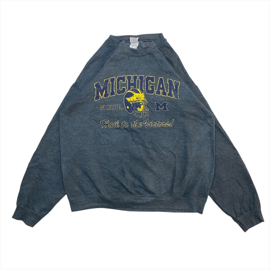 GILDAN ギルダン ミシガン カレッジ ロゴ 裏起毛 スウェット シャツ トレーナー グレー 古着 メンズ L スエット Vintage クリーニング済み拍卖