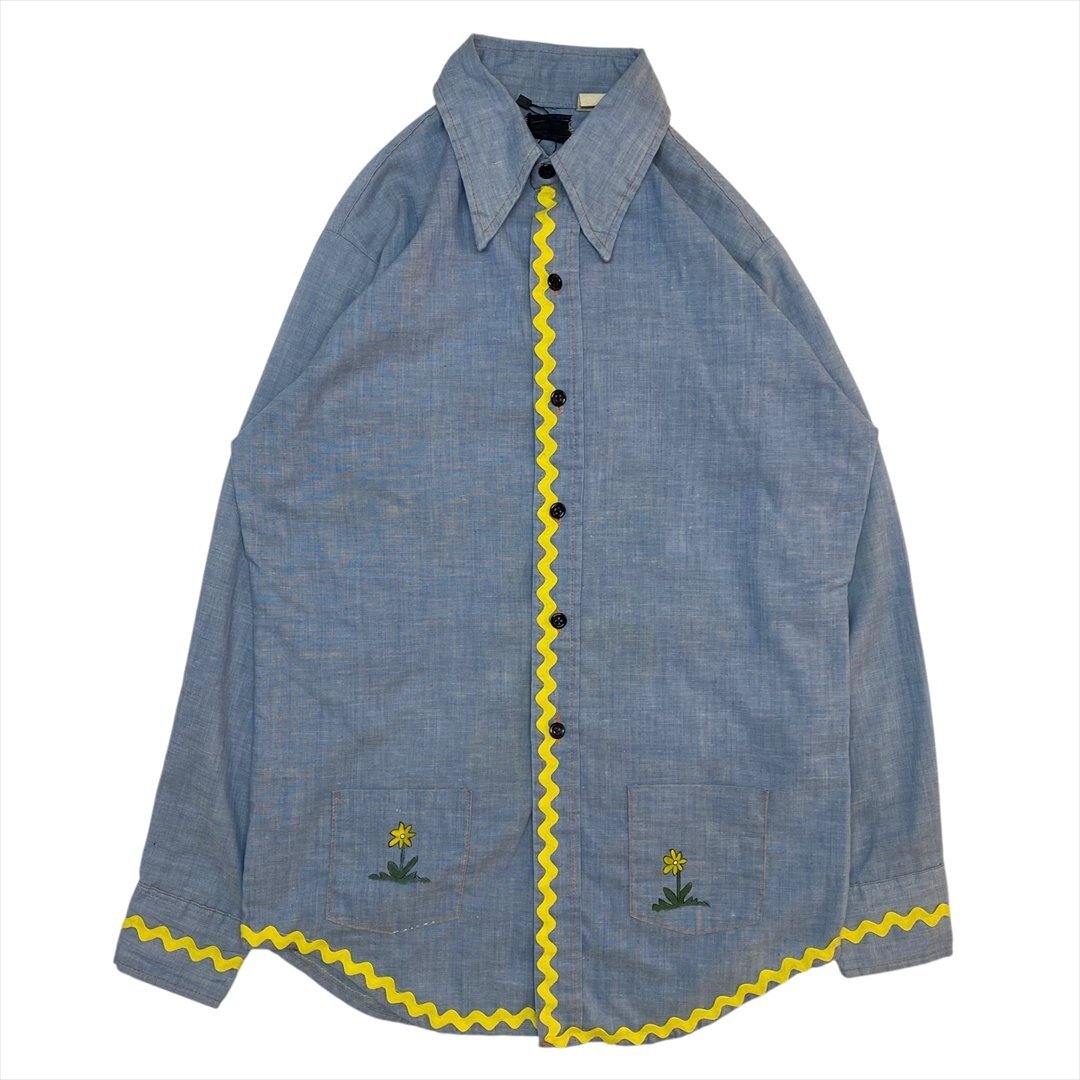 ハンドメイド 刺繍 シャンブレー シャツ 長袖 ブルー 古着 メンズ FREE ヒッピー Vintage ヴィンテージ ビンテージ拍卖