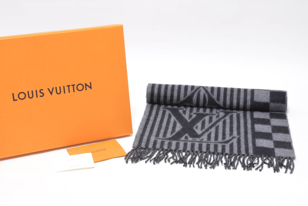未使用 ルイヴィトン カシミヤマフラー エシャルプ・LV グラフィカル カシミヤ100% ダミエ ストライプ グレー×ブラック拍卖
