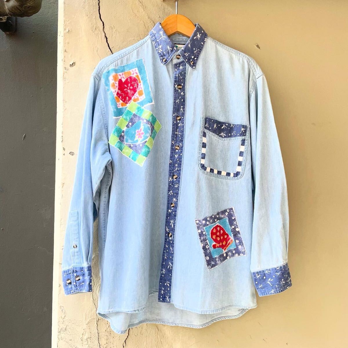 handpainted camper's シャツ 長袖 デニム トップス ボタンダウン コットン ライトブルー 古着 手描き ダンガリーシャツ アメリカ古着拍卖