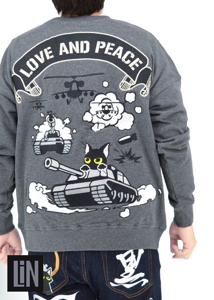 ラミ&アール「NO WAR」BIGスウェット◆LIN グレーMサイズ AL-75808 和柄 黒猫 ネコ 鼠 ネズミ ユニセックス トレーナー拍卖