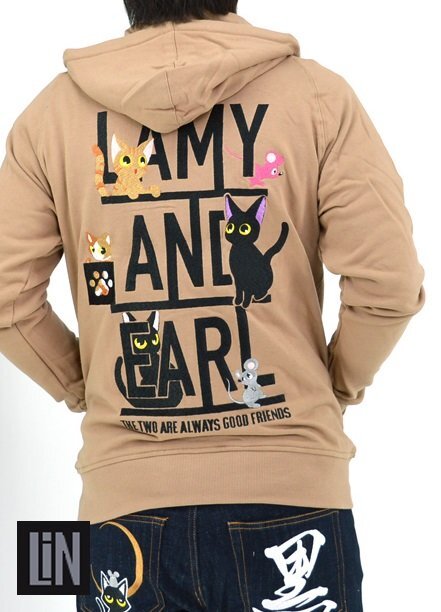 ラミ&アール「LAMY AND EARLのロゴでキャットタワー」総刺繍ジップパーカー◆LIN ベージュLサイズ AL-75126 黒猫 ネコ ネズミ拍卖