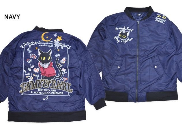 ラミ&アール 音楽鑑賞オーバーサイズMA-1ジャケット◆LIN ネイビーLサイズ AL-75727 和柄 黒猫 ネコ 鼠 刺繍 ミリタリー拍卖