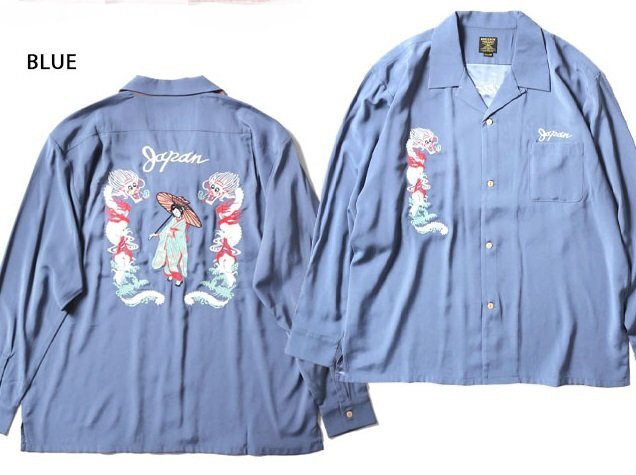 スーベニア長袖シャツ「MAIKO」◆HOUSTON ブルーLサイズ 41153 ヒューストン 和柄 刺繍 龍 竜 ドラゴン 舞妓 スカシャツ拍卖