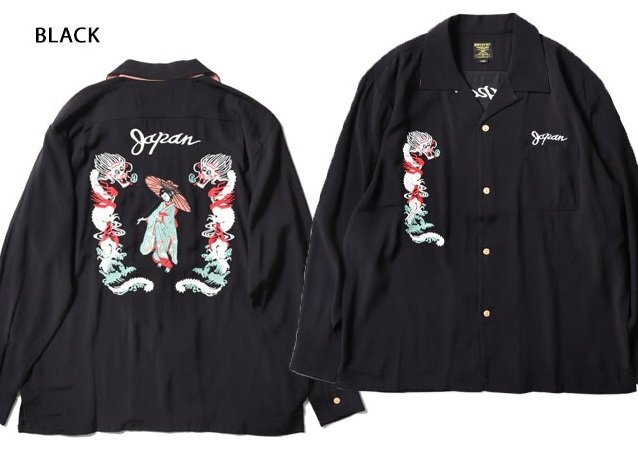 スーベニア長袖シャツ「MAIKO」◆HOUSTON ブラックXXLサイズ 41153 ヒューストン 和柄 刺繍 龍 竜 ドラゴン 舞妓 スカシャツ拍卖