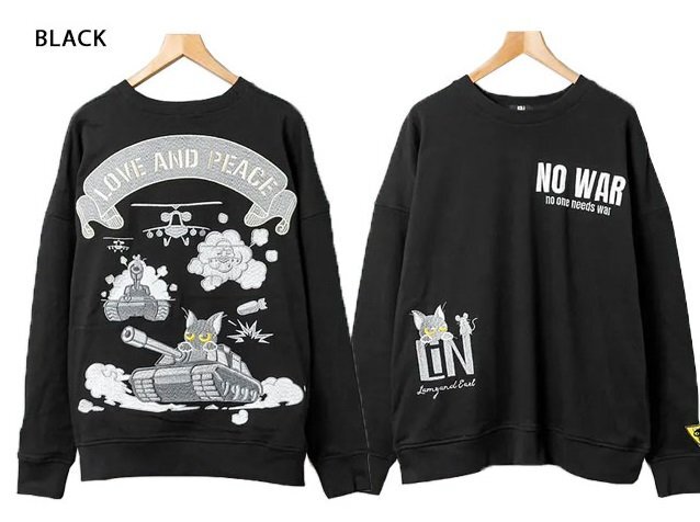 ラミ&アール「NO WAR」BIGスウェット◆LIN ブラックMサイズ AL-75808 和柄 黒猫 ネコ 鼠 ネズミ ユニセックス トレーナー拍卖