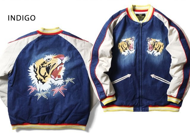 インディゴスカジャン「TIGER」◆HOUSTON インディゴMサイズ 51489 ヒューストン 虎 和柄 刺繍 スーベニアジャケット タイガー拍卖