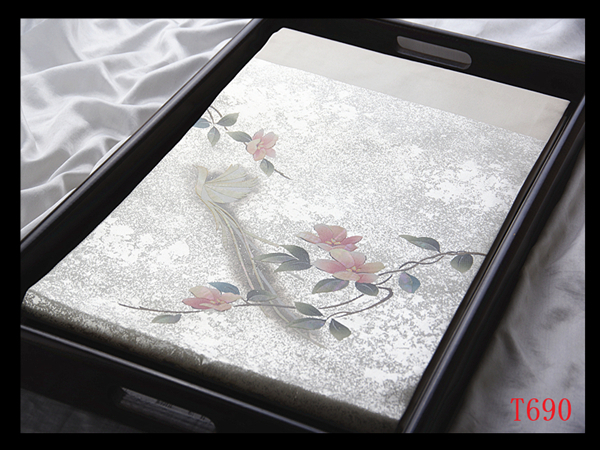 蔵【T690】西陣逸品 螺鈿箔 花鳥紋 シルバー色地 気品豊かに 正絹高級美術名古屋帯 ◇検◇簪着物袋帯和装小物帯締め拍卖
