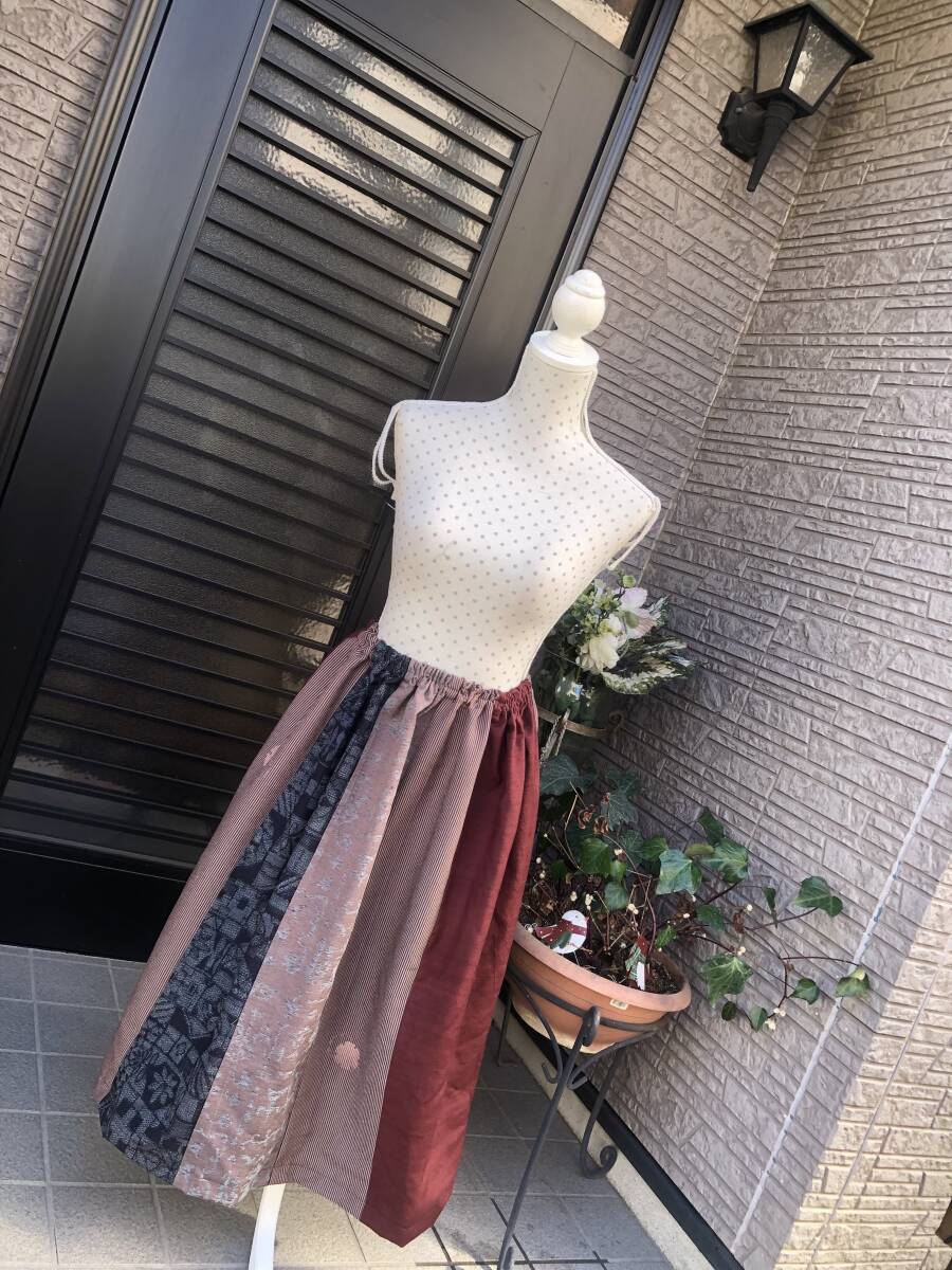 即決 ハンドメイド 着物リメイク・和服リメイク パッチワーク フレアスカート・ロングスカート 送料230円 綿・交織拍卖