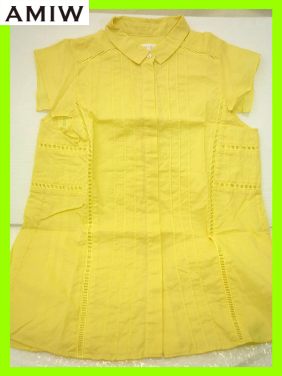 AMIW アミウ 黄色 イエロー 半袖 シャツ チュニック ブラウス 襟付き 美デザイン 華やか レース 綺麗 涼しげ 美品 通勤 通学 定形外OK_②拍卖