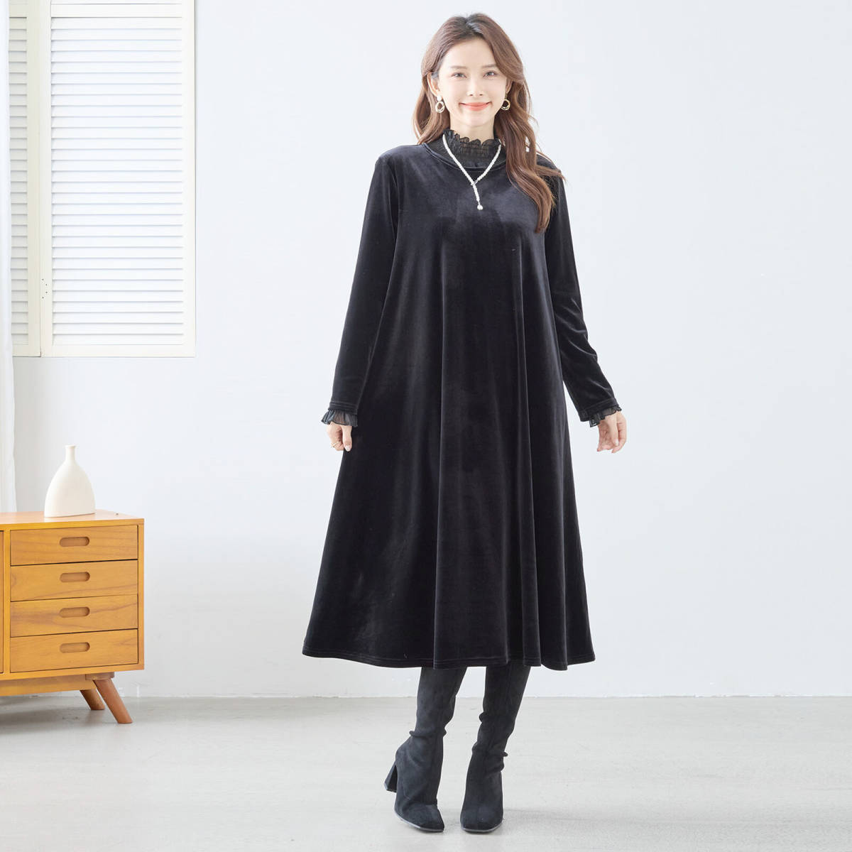 ★値下げ!!ベロアワンピース・黒 L~LL拍卖