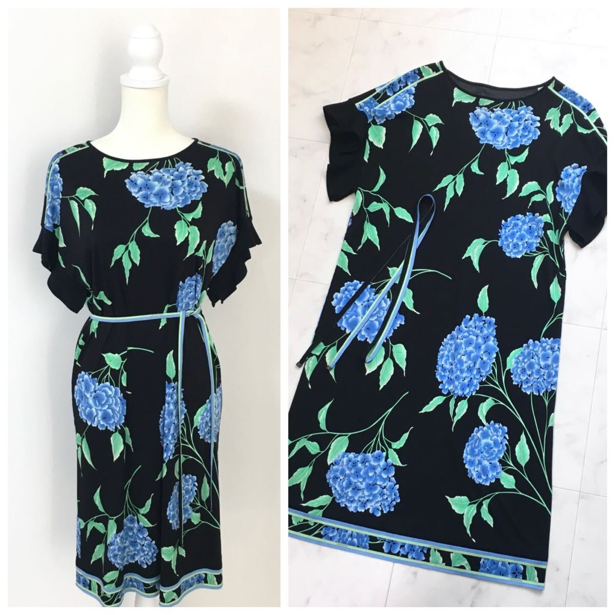 近年美品 LEONARD レオナール カンカン ベルト付 ワンピース 送料無料 クリーニング済拍卖