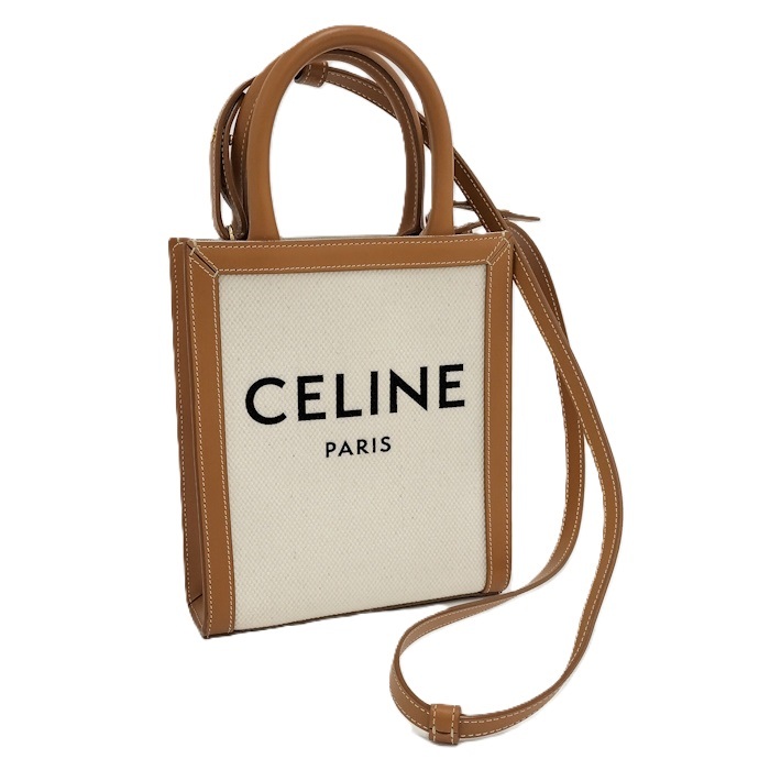 CELINE バーティカルカバ 2WAYショルダーバッグ キャンバス レザー ホワイト系☆拍卖