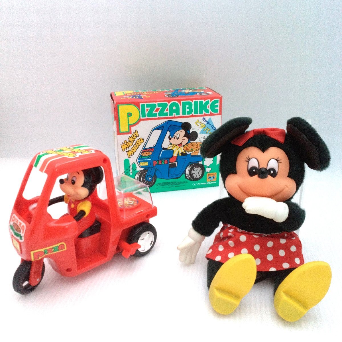 レトロ ミニー ソフビ人形 ぬいぐるみ ヤングエポック/ミッキー ゼンマイ式 ピザバイク 箱入 2点セット 当時物 ディズニー【道楽札幌】拍卖