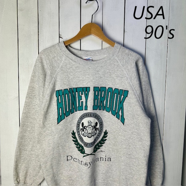 USA古着 90s USA製 プリントラグランスウェット L 薄グレー Hanes オールド ヴィンテージ アメリカ古着 ヘインズ ニペンシルヴァニア ●256拍卖