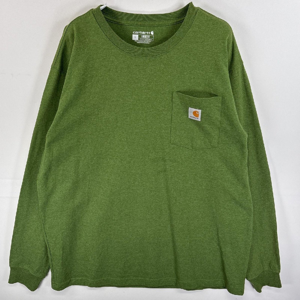古着 カーハート Carhartt 長袖Tシャツ ワンポイント ロゴ 胸ポケ 混色生地 L グリーン系 無地 メンズ拍卖