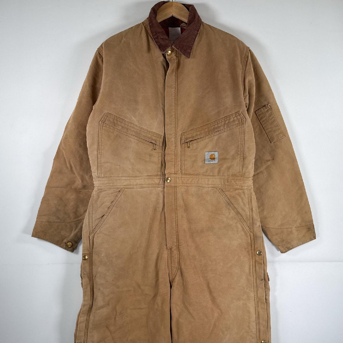 古着 カーハート Carhartt 長袖つなぎ ダック地 ワーク 作業着 オールインワン 裾ファスナー 大きいサイズ 中綿 ベージュ メンズ拍卖