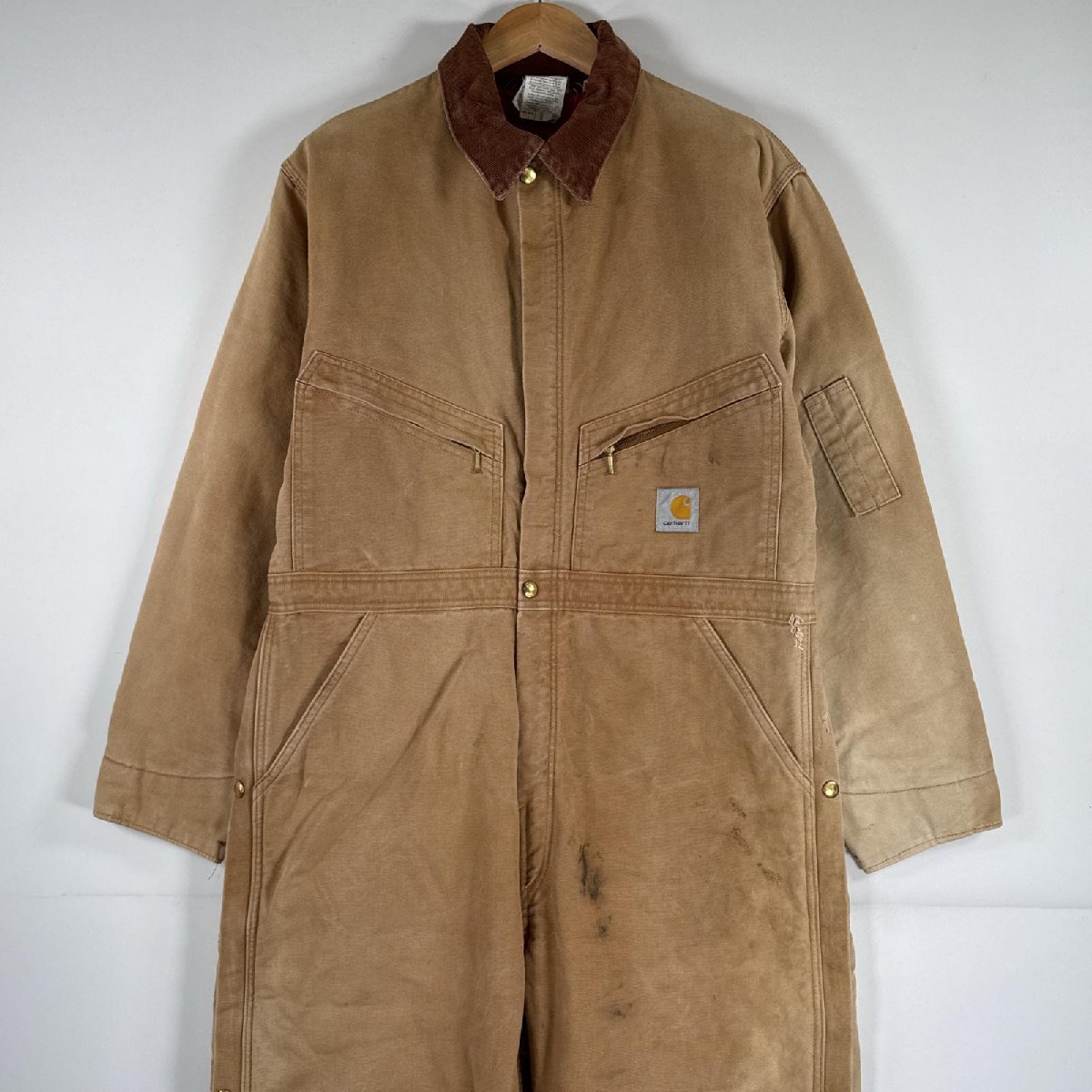 古着 カーハート Carhartt USA製 長袖つなぎ ダック地 ワーク 作業着 オールインワン 裾ファスナー 大きいサイズ 中綿 42 short ベージュ拍卖