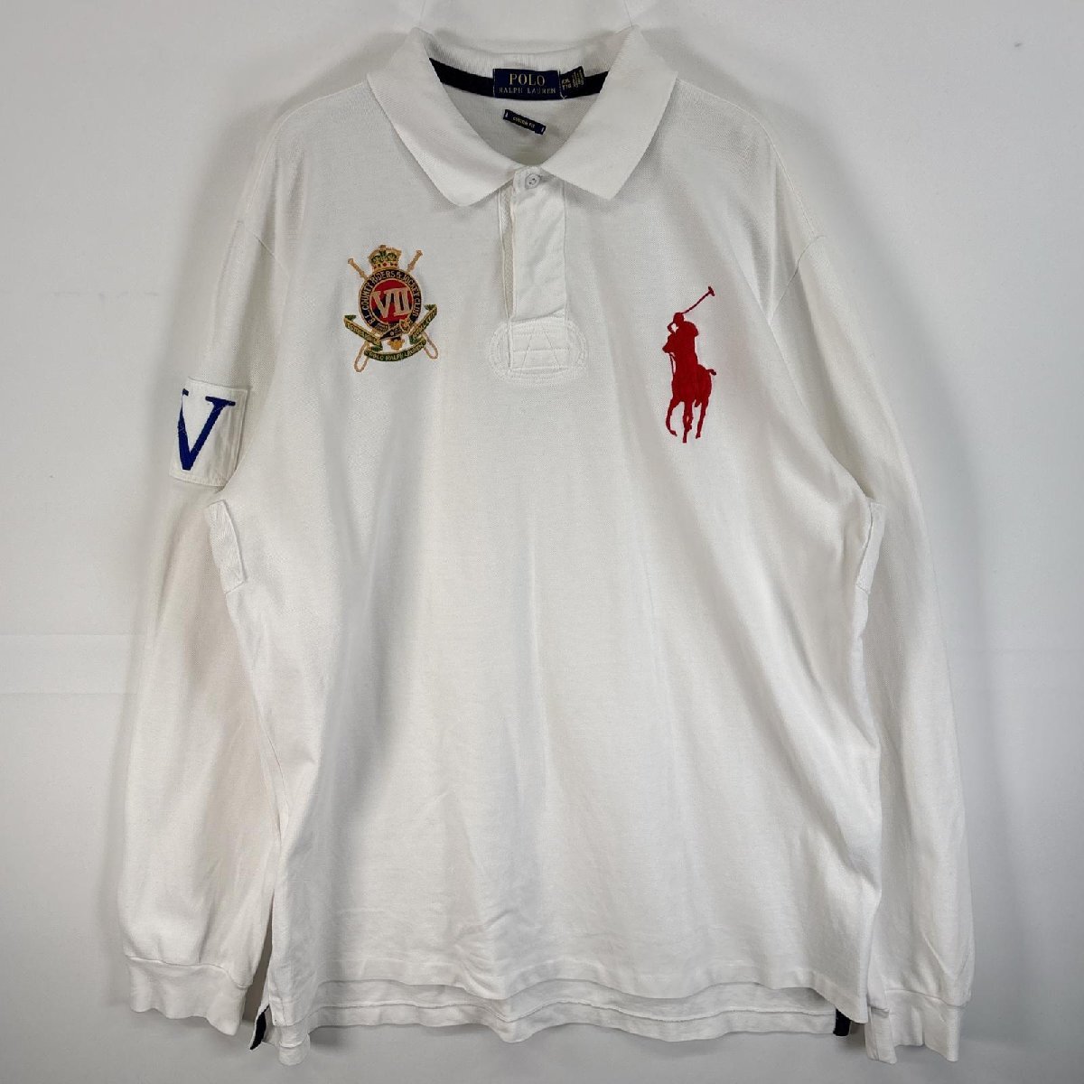 古着 ポロ・ラルフローレン POLO RALPH LAUREN 鹿の子 長袖 ラガーシャツ ビッグポニー ラバーボタン 大きいサイズ XXL ホワイト系 無地拍卖