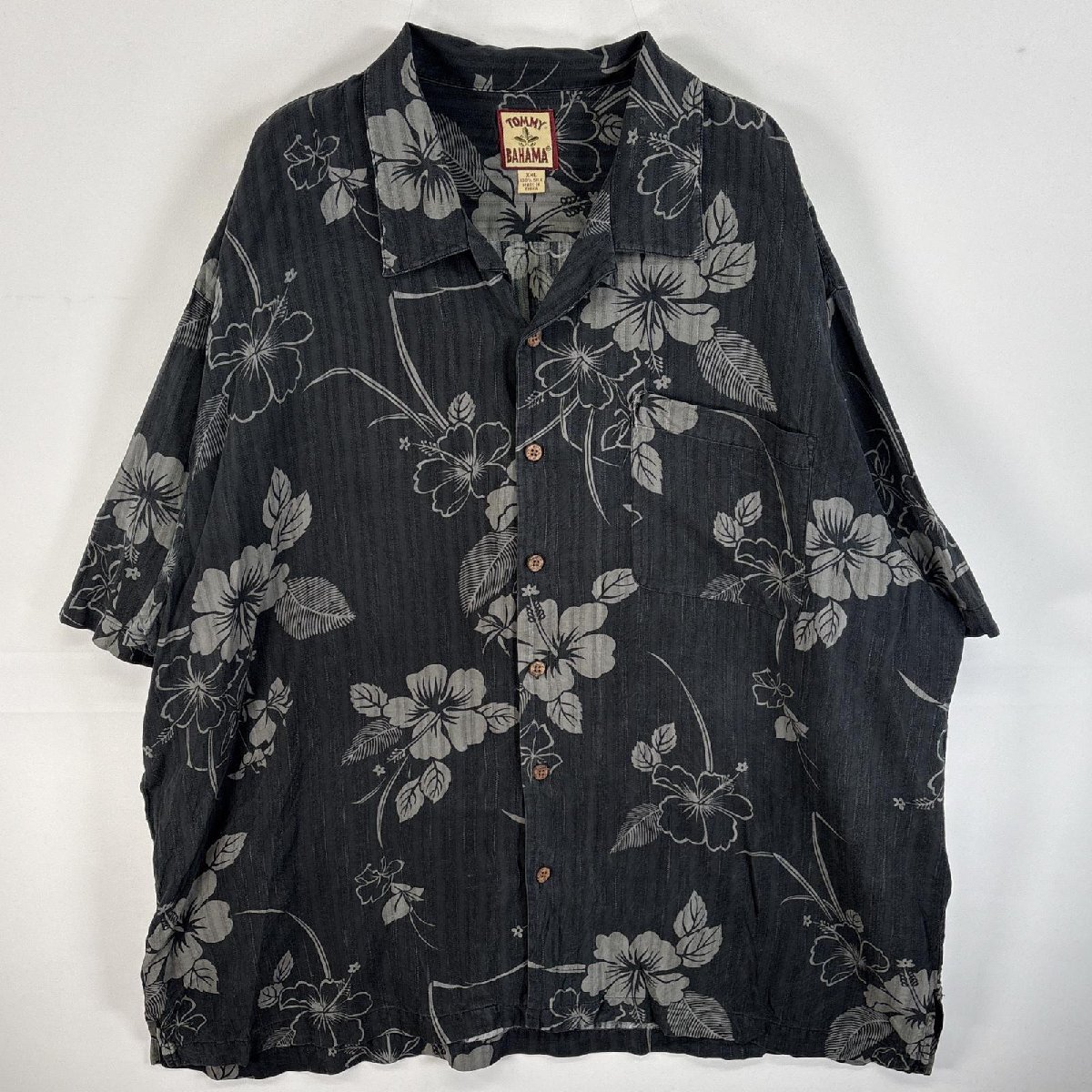古着 トミーバハマ TOMMY BAHAMA 半袖シャツ シルクシャツ アロハシャツ ハイビスカス XXL ブラック系 総柄 メンズ拍卖