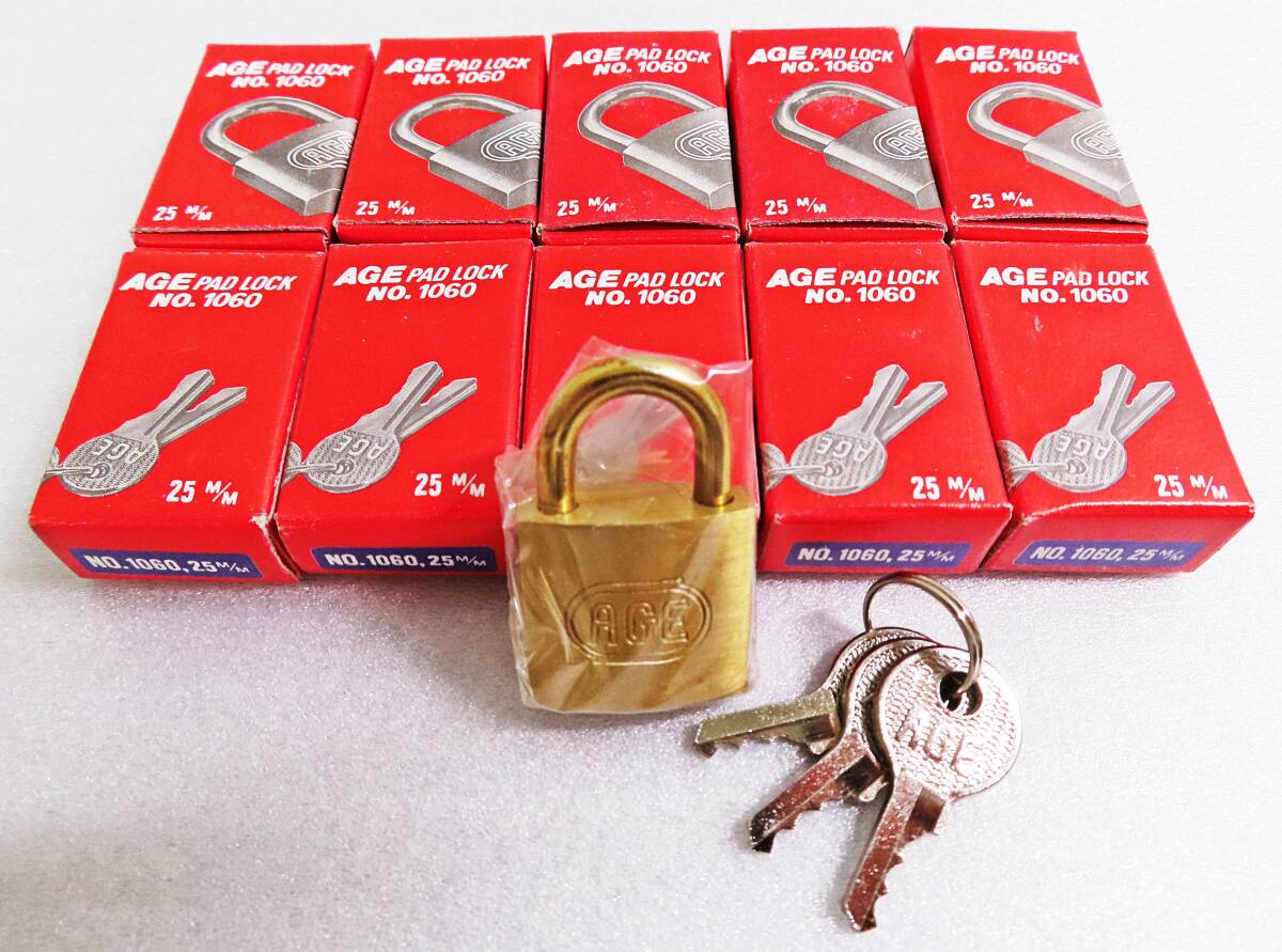 【未使用】『AGE PAD LOCK NO.1060/シリンダー南京錠1060番 25mm(鍵3個付)10箱セット』セキュリティ鍵/倉庫扉/宅配BOX◆送料185拍卖