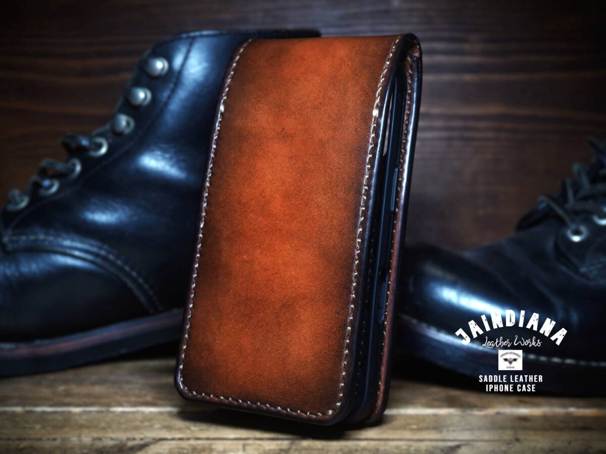 iPhone13/14/15/16ケース 手縫い サドルレザー ビンテージ染めブラウン (mini,pro,proMax,Plus仕様での製作も可)拍卖