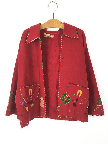 キッズ 古着 50s Mexico製 Guillermo Guevara メキシコ 民族 アップリケ ヴィンテージ ウール ジャケット 10歳位 古着拍卖