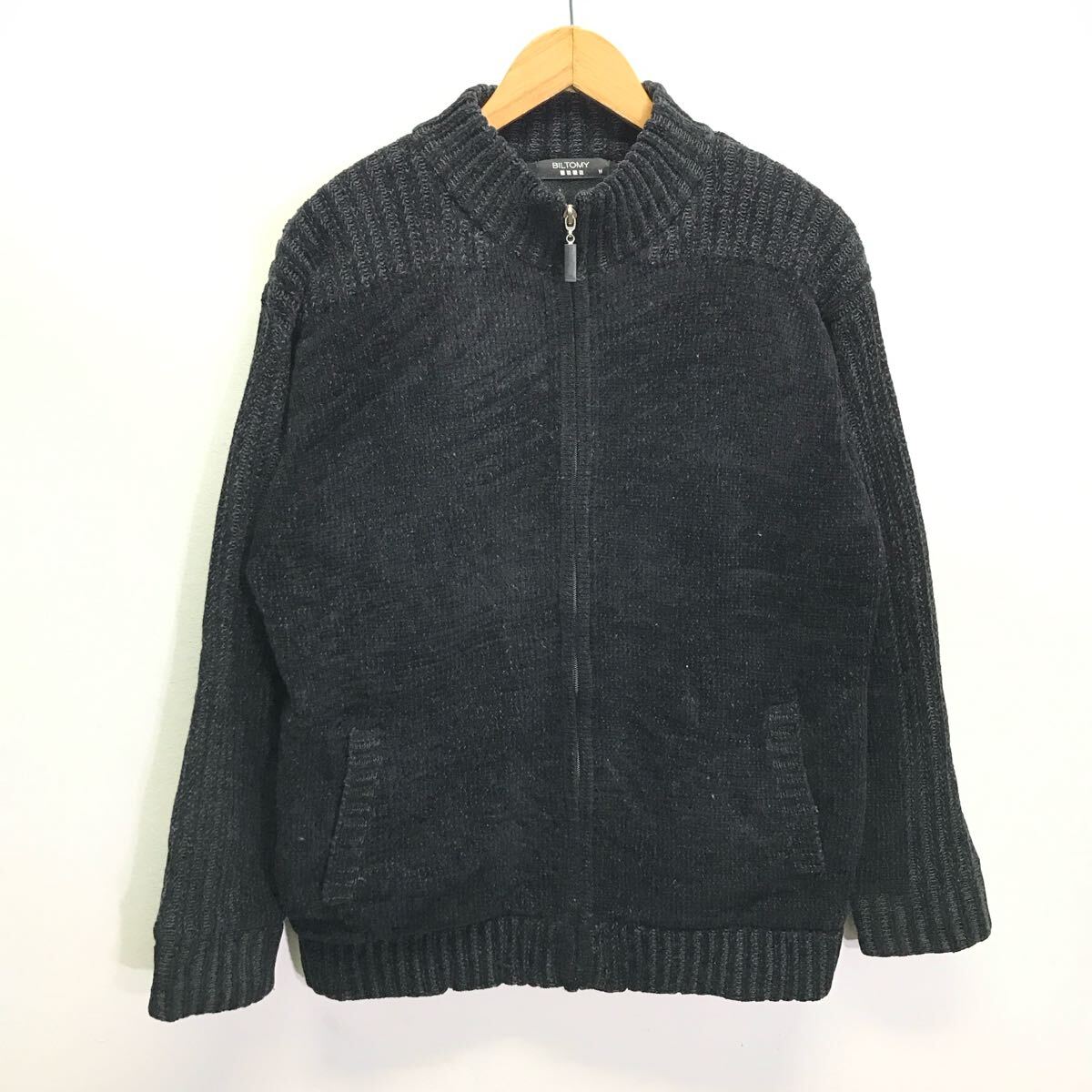 大人の魅力◎シンプルコーデ◎【BILTOMY】ビルトミー ニットジャケット セーター カーディガン ジップアップ 裏フリース 黒 M /Y26437ii拍卖