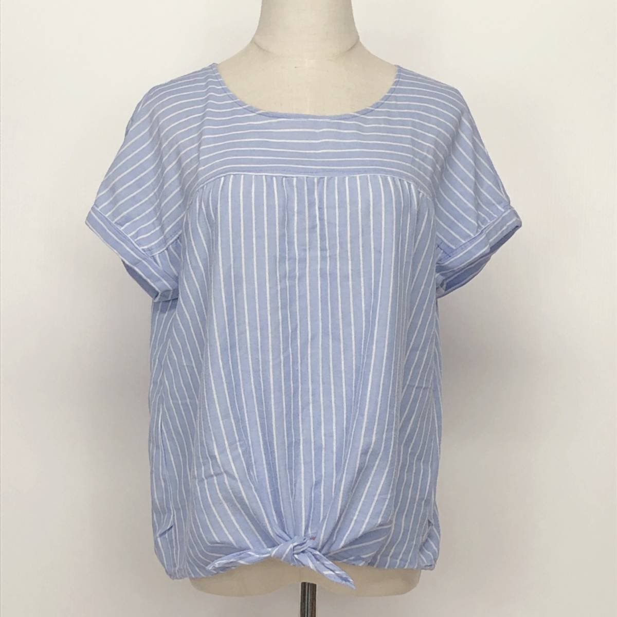 YX388 レディース トップス カットソー 半袖 薄手 LLサイズ 水色 ホワイト ストライプ 麻 レーヨン カジュアル おしゃれ 涼しげ 夏 休日拍卖