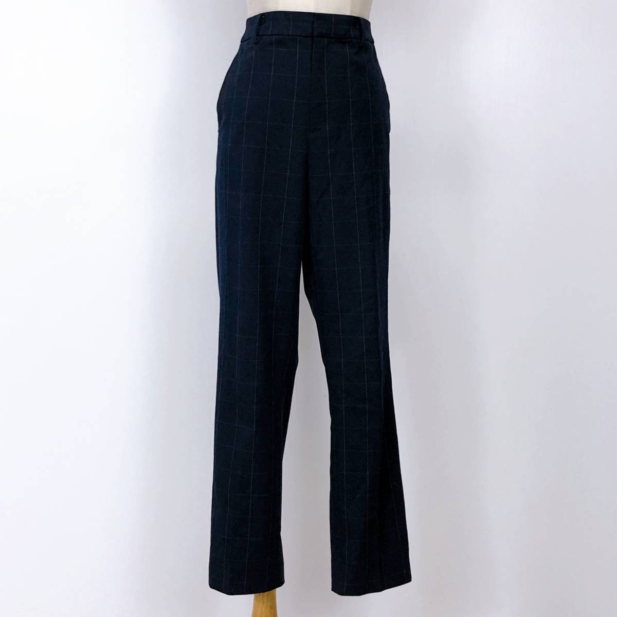 YX493 美品 UNIQLO(ユニクロ)レディース パンツスラックスサイド・後ろポケットMサイズ ネイビー 紺 ホワイト 白 ポリエステル レーヨン拍卖