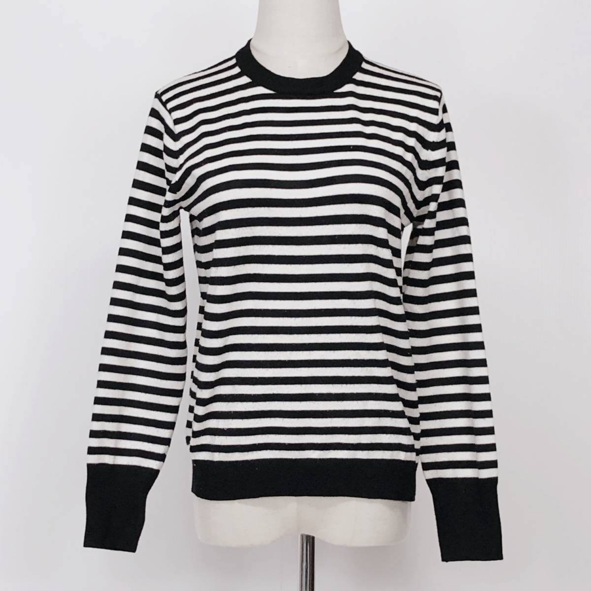 YX508 レディース トップス 長袖 クルーネック 厚手 伸縮性 Lサイズ ブラック ホワイト ボーダー柄 カジュアル あたたか シンプル 春秋冬拍卖