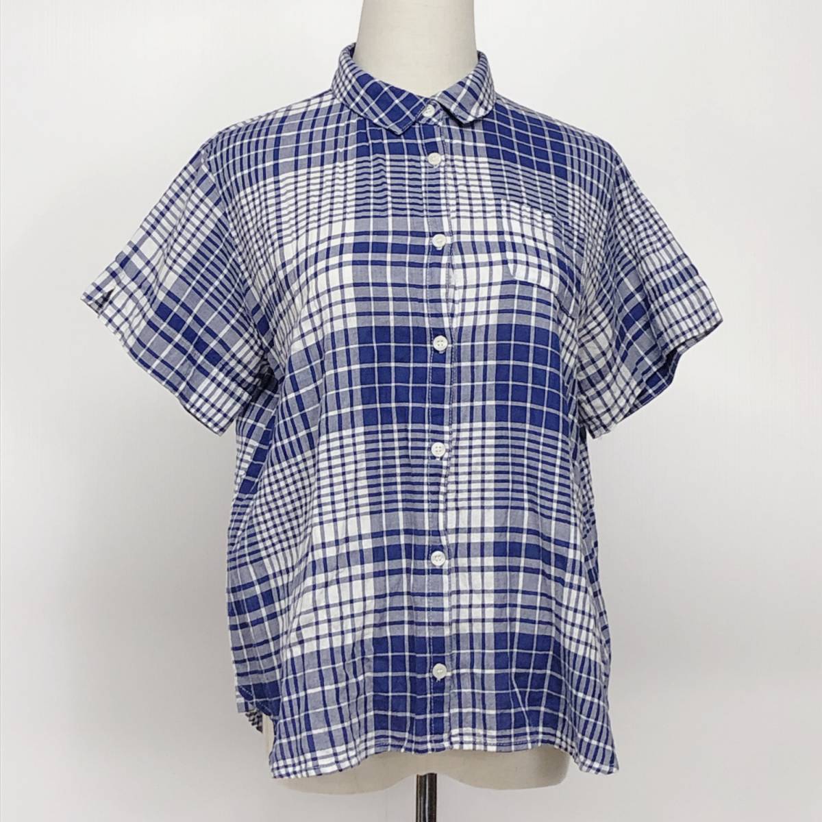 YX610 レディース トップス シャツ 半袖 クリーニングタグ付き 胸ポケット 4つ穴ボタン 薄手 Fサイズ 青白 チェック柄綿カジュアル涼しげ夏拍卖