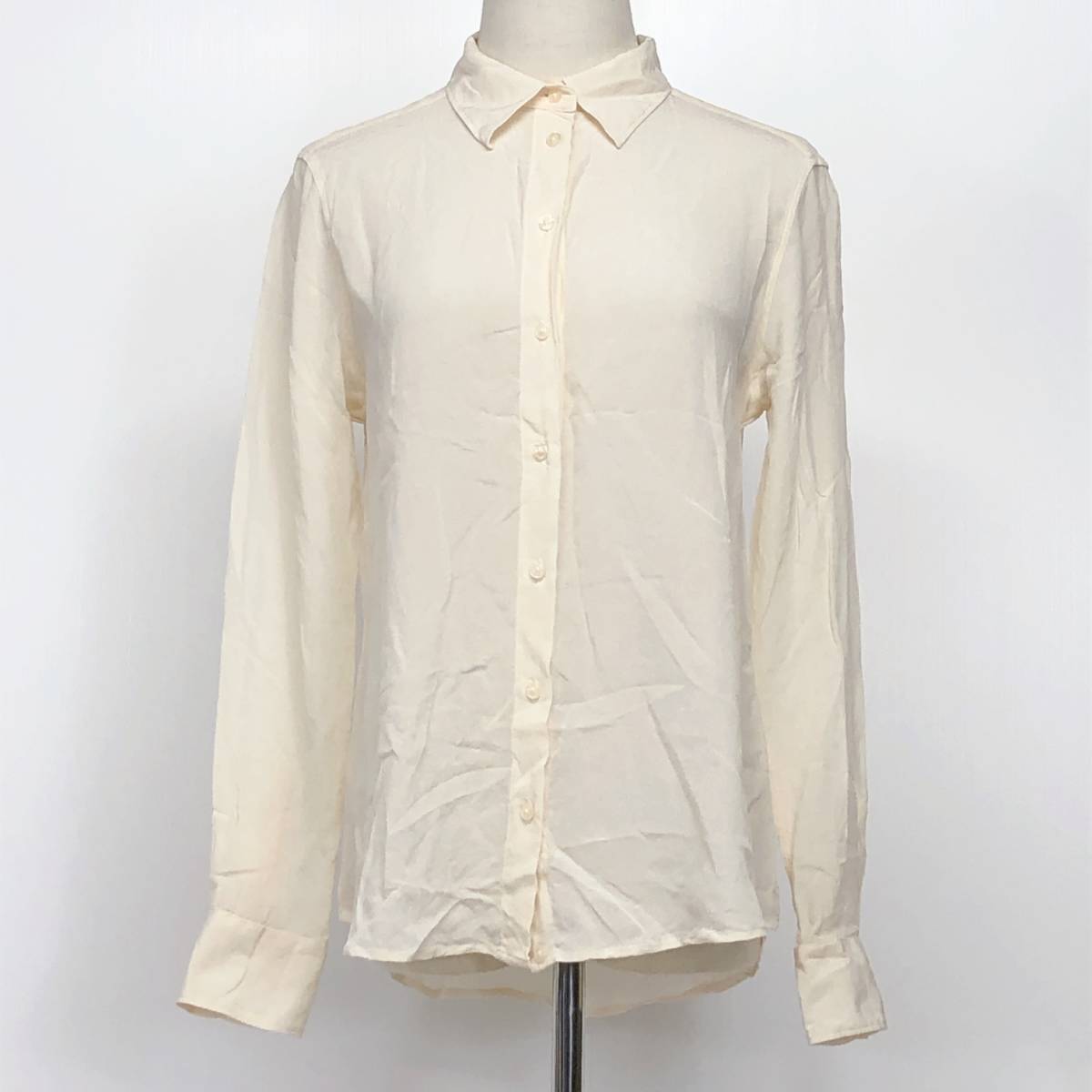YX622 UNIQLO レディース トップス ブラウス長袖薄手 透け感 予備ボタン付 Mサイズ クリーム色 絹100% エレガント おしゃれ シンプル 春夏拍卖