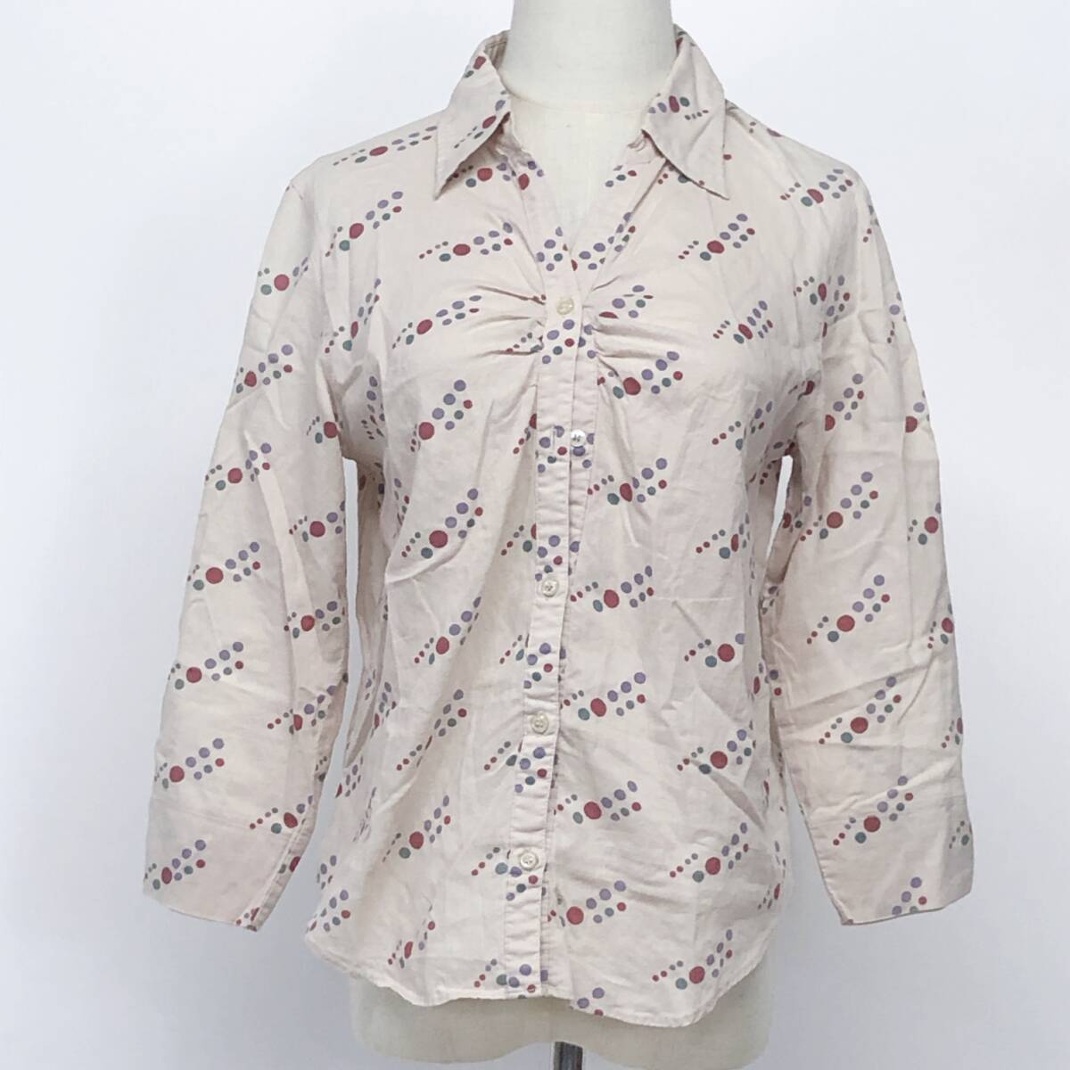 YX636 美品 JEAN-COX レディース トップス シャツ 長袖 襟付き 手首スリットカフ 4つ穴ボタン 薄手 ベージュ カラフル 水玉 カジュアル 春拍卖