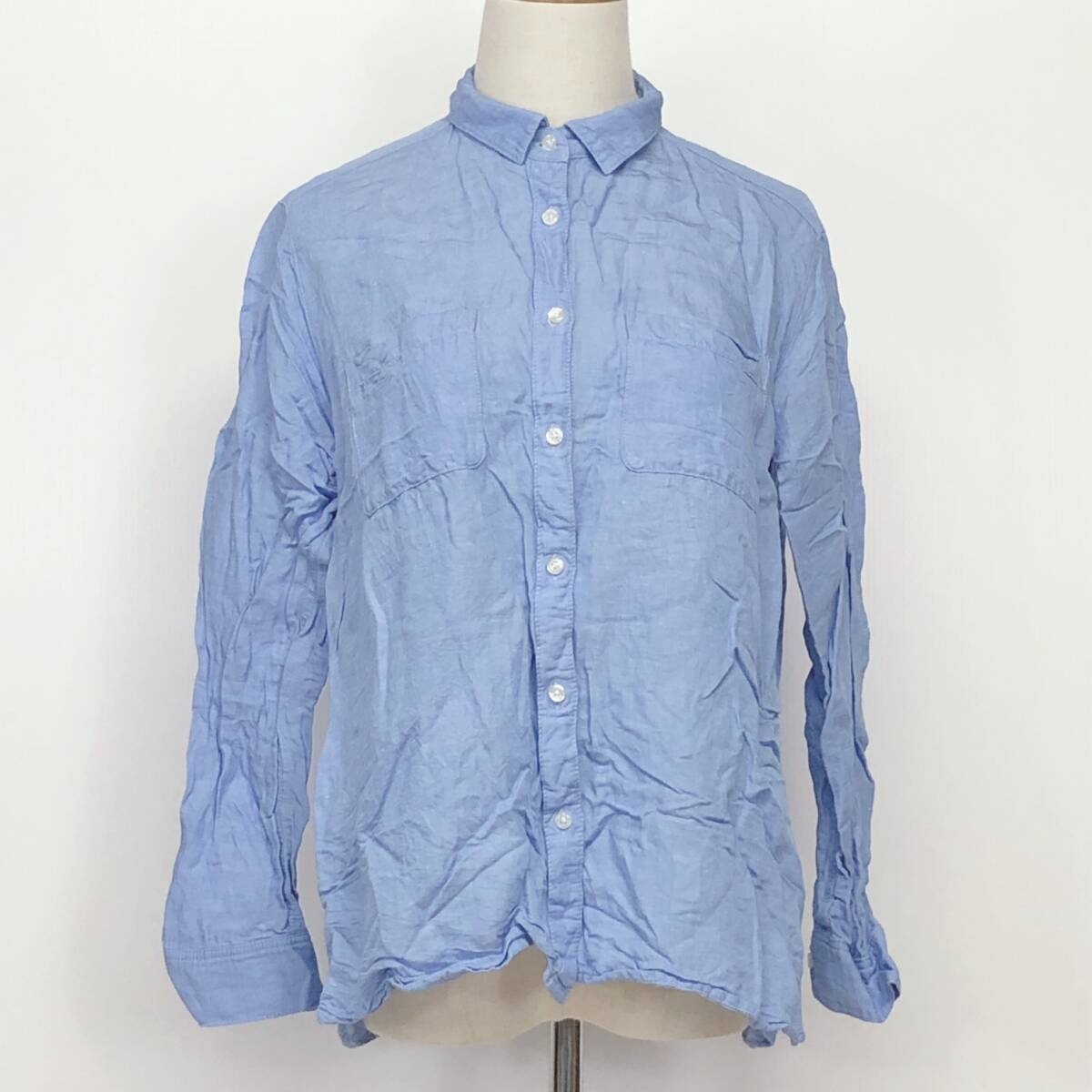 YX653 美品 GU(ジーユー)レディース トップスシャツ長袖両胸ポケット予備ボタン付4つ穴ボタン薄手Lサイズ水色無地麻素材含カジュアル春秋拍卖