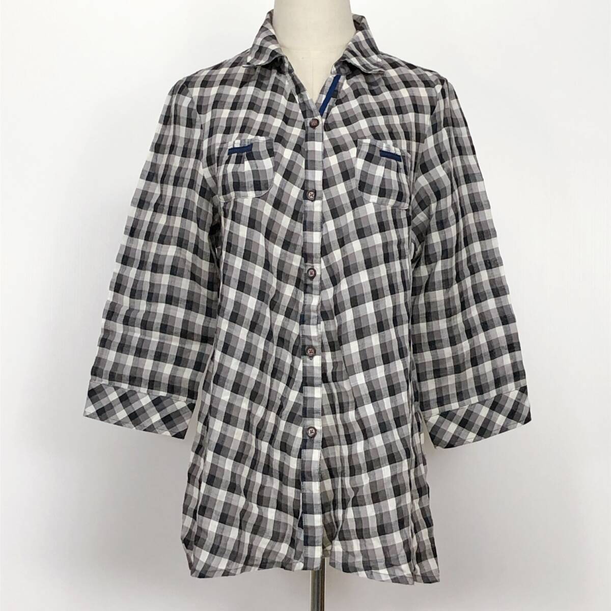 YX676 BASTIA レディース トップス ブラウス 七分袖薄手胸ポケットMサイズブラック 黒チェック柄 綿 麻 カジュアル おしゃれ シンプル 春夏拍卖