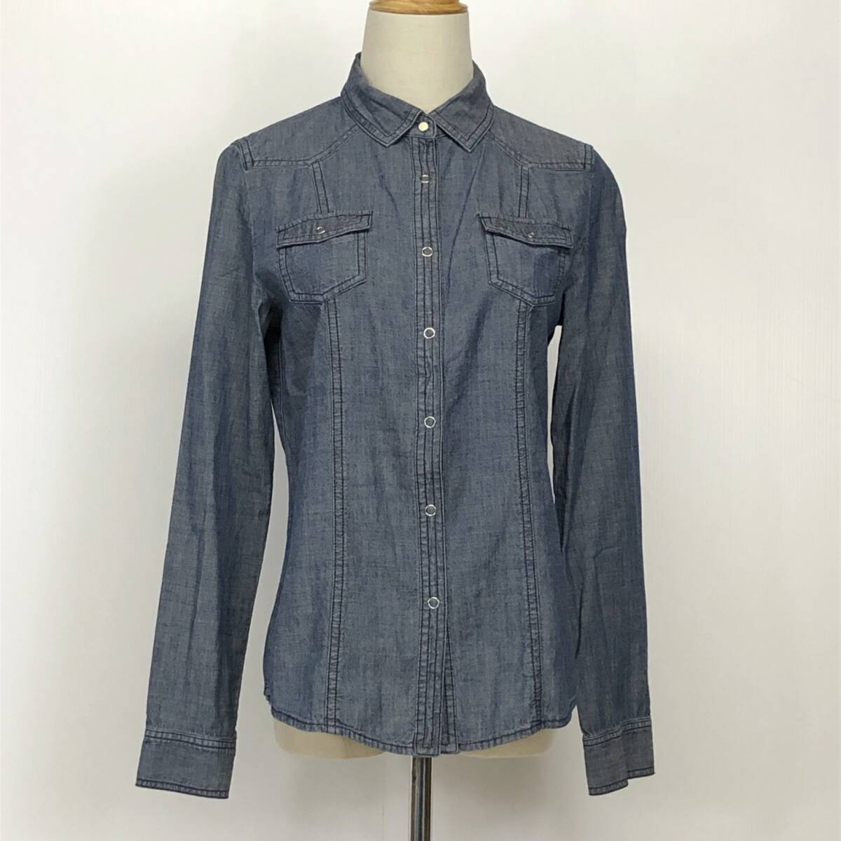 YX683 SIMPLE LIFE レディース トップス シャツ 長袖薄手 胸ポケット 伸縮性 Mサイズ ネイビー 紺 刺繍 カジュアル おしゃれ シンプル 春秋拍卖