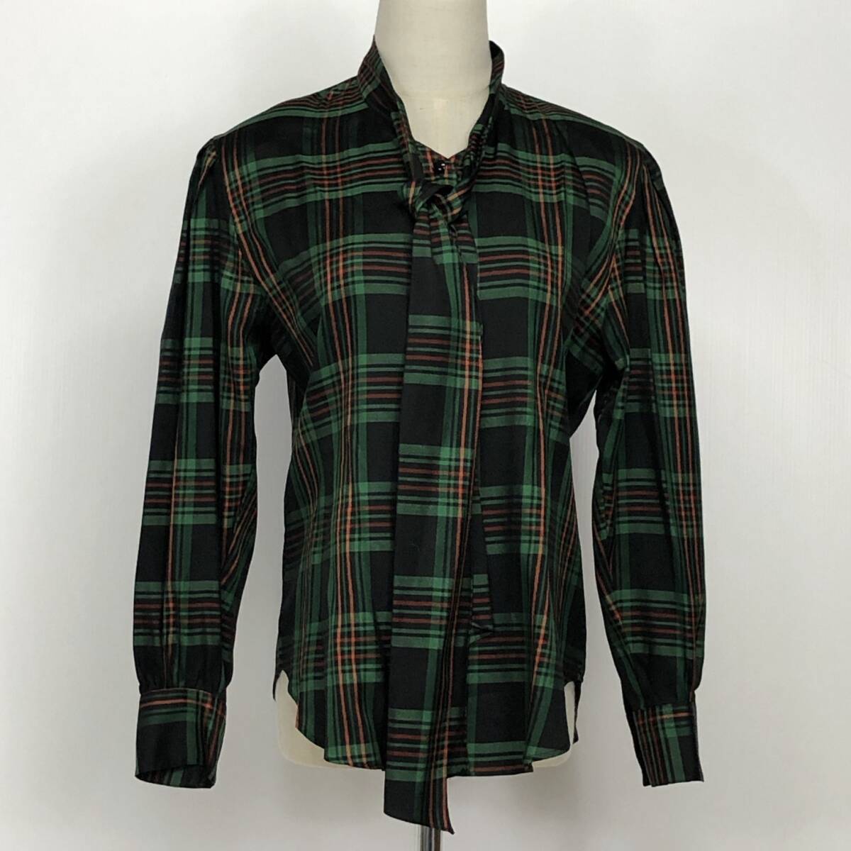 YX689 SEIBU レディース トップス ブラウス 長袖薄手肩パッド紐付 グリーン 緑 チェック柄 絹 かわいい おしゃれ シンプル フェミニン 春秋拍卖