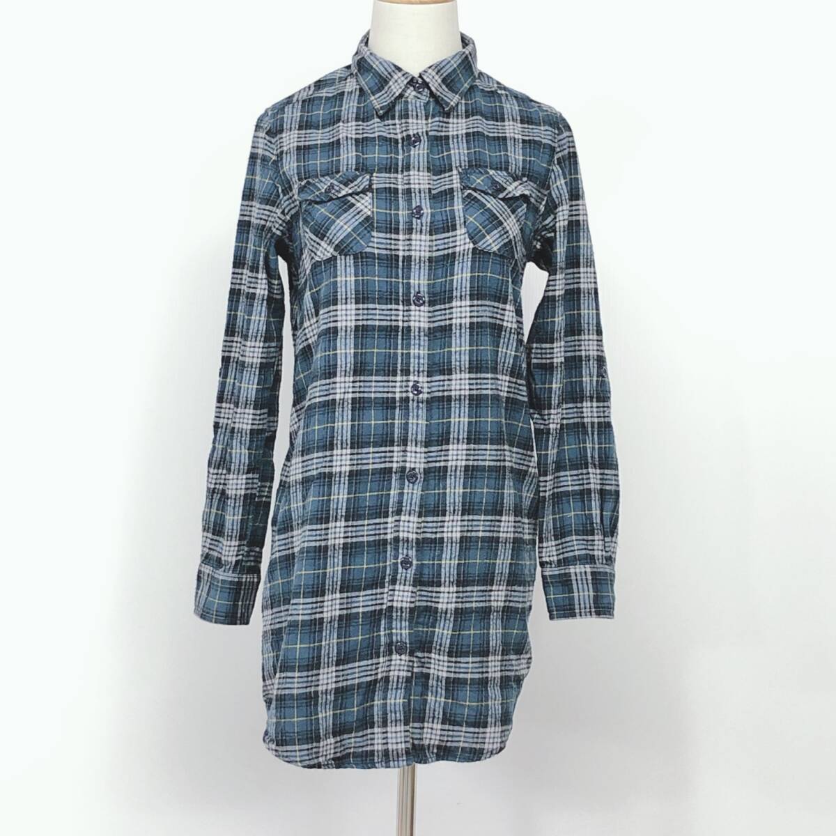 YX717LOWRYSFARMレディーストップスシャツ長袖胸ポケットMサイズブルー青ホワイト白チェック柄綿100%カジュアルシンプルデイリーカジュアル拍卖