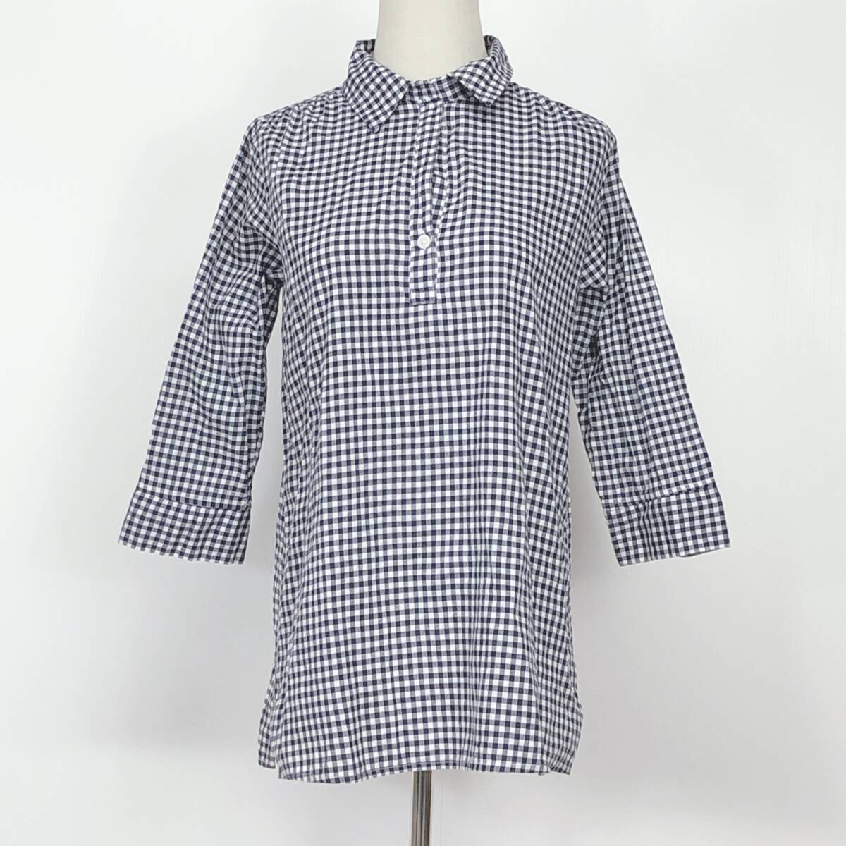 YX720レディーストップスシャツ七分袖2つ穴ボタンMサイズネイビー紺ホワイト白チェック柄綿100%カジュアルシンプルデイリーカジュアル拍卖
