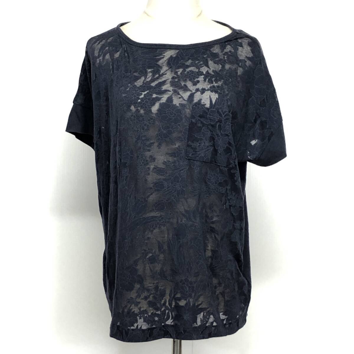 YX772 美品 GAP ギャップ レディース トップス Tシャツ 半袖 透け感 薄手 伸縮性 胸ポケット Mサイズ 紺 総柄 綿 カジュアル ボタニカル 夏拍卖