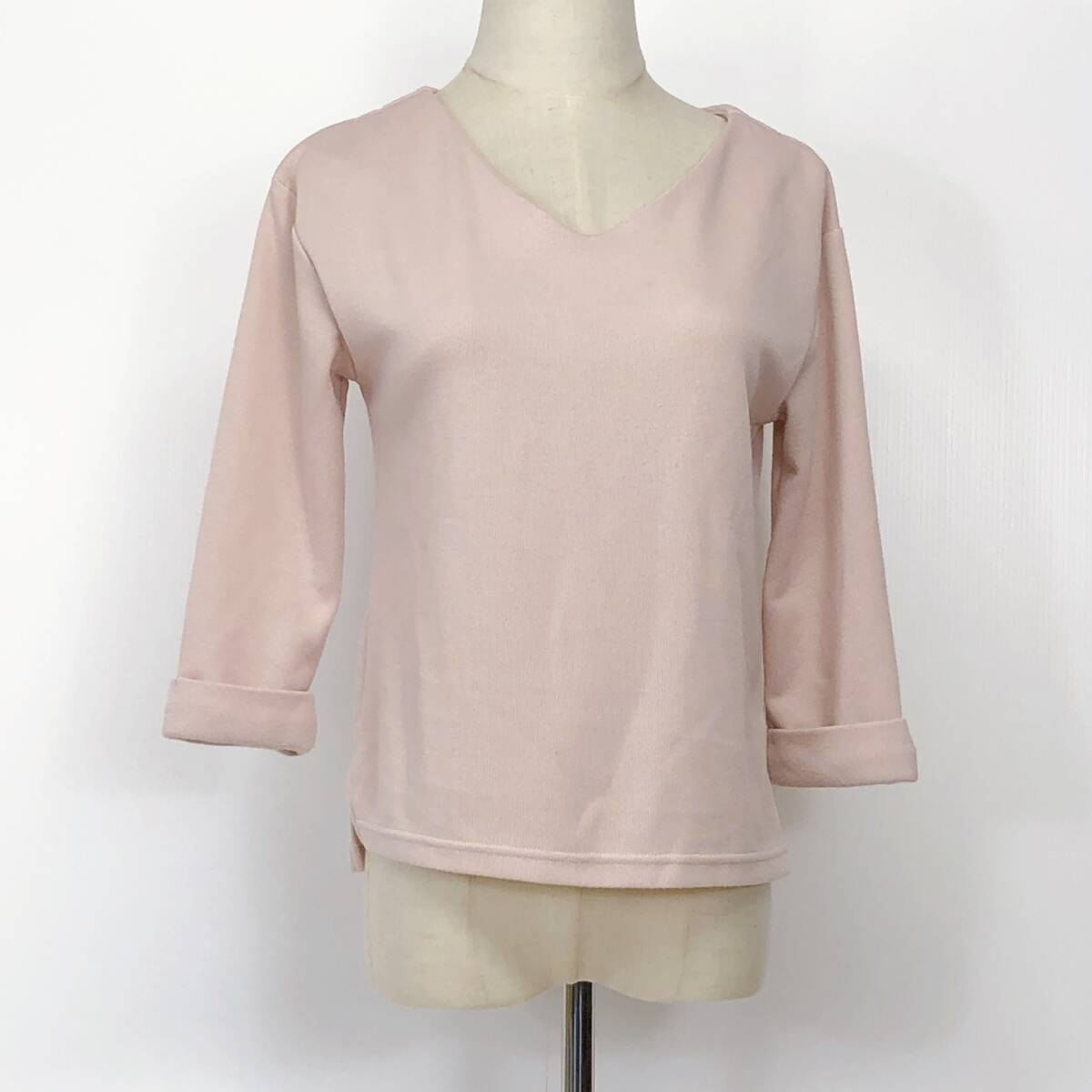 YX843ROPEPICNUCロペピクニックレディースレディースカットソー七分袖Vネック38ピンク桃無地カジュアルキュート エレガントガーリーチック拍卖
