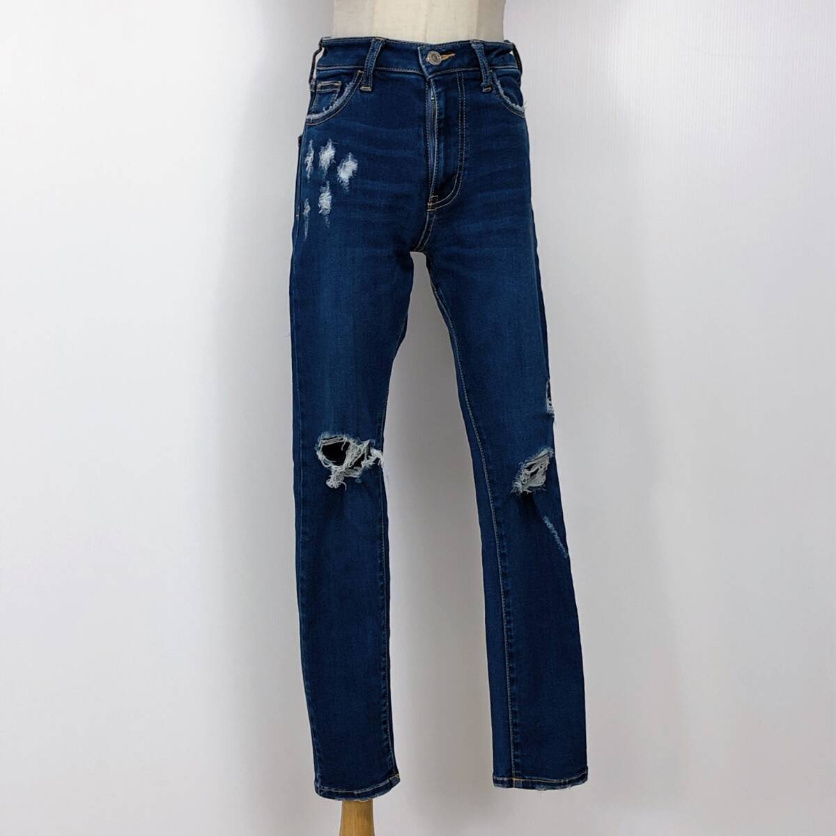 YX860EVRISレディースパンツデニムロング丈サイド後ろポケットSサイズインディゴ青無地綿素材含カジュアルキュート春秋ナチュラルスタイル拍卖