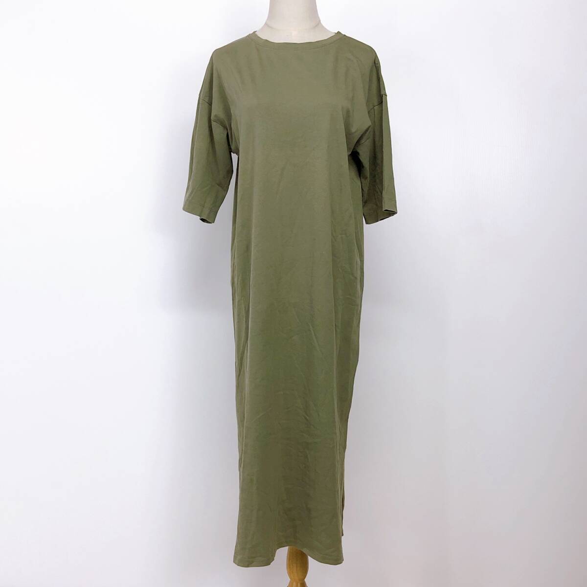 YX901 美品 LOWRYS FARM ローリーズファーム レディース ロングワンピース 半袖 スリット 伸縮性 薄手 Mサイズ カーキ無地綿100%おしゃれ夏拍卖