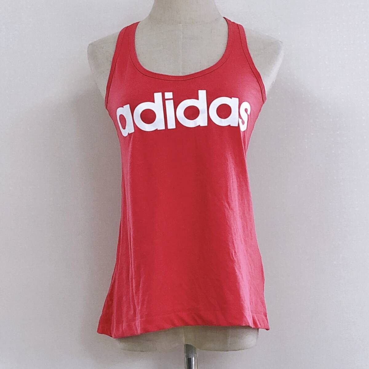 YX981 adidas レディース トップス タンクトップ袖無し薄手 伸縮性 Sサイズ ピンク 桃 プリント 綿素材含 スポーティ カジュアル 涼しげ 夏拍卖