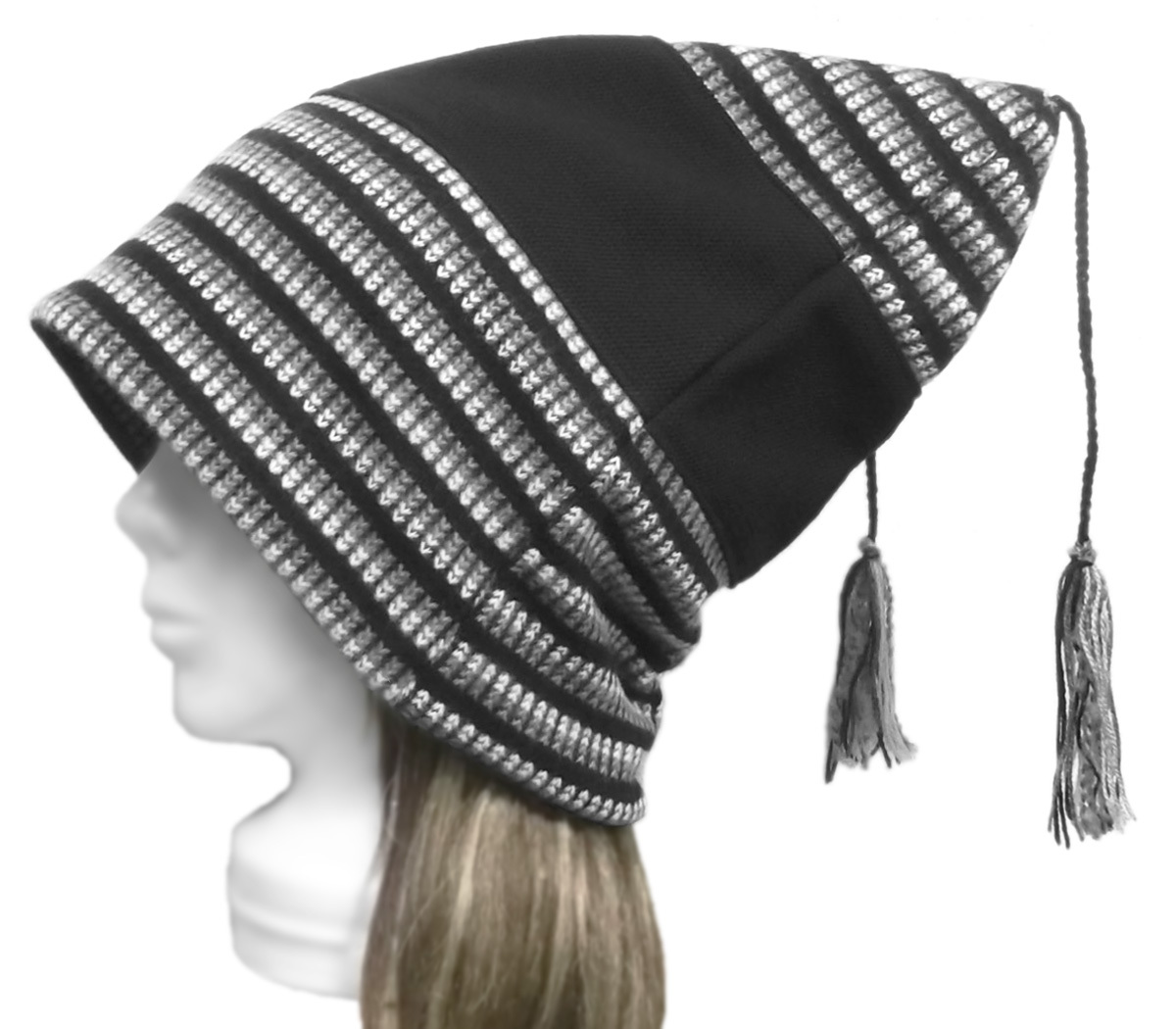 ◇送料無料◇ ハンドメイド◆X JAPAN◆hide風 織込みボーダー フランネルニットキャップ/黒mix ◇ゆったり・小顔効果・長いシーズン着用拍卖