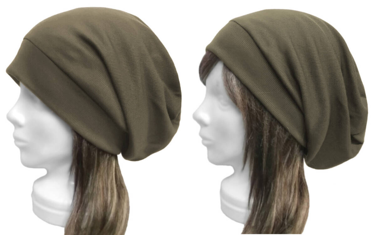 ◇送料無料◇ ハンドメイド◆リブ付ルーズワッチキャップ◆リブ織コットンニット/カーキ ◇ゆったりサイズ・小顔効果・長いシーズン着用拍卖